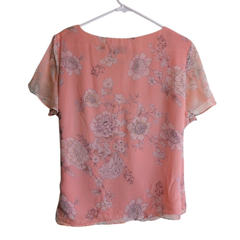 Vintage 90s Whimsy Boho Pink Floral Plunging Draping Silk Blouse - Picture 5 of 7